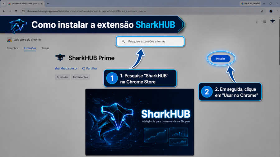 Chrome Web Store mostrando a página do SharkHUB Prime, com a busca por "SharkHUB" e o botão "Instalar" indicados